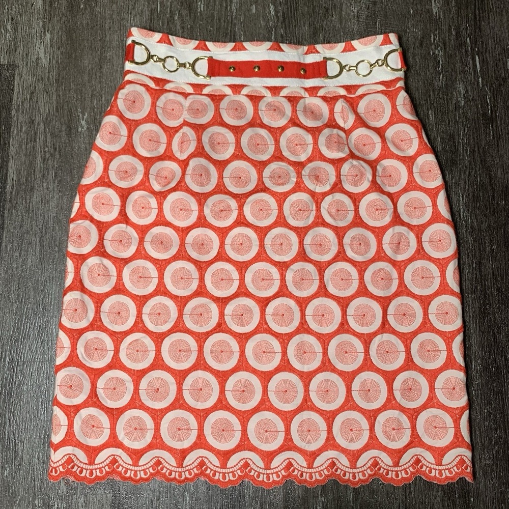 Antonio Melani Skirt Red White Geometric Embroidered Gold Buckle Size 6